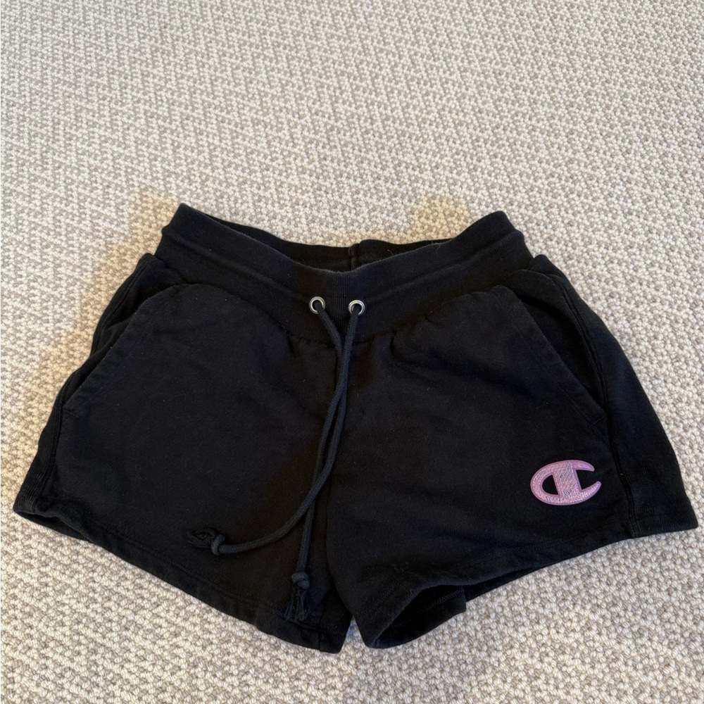 Champion Reverse Weave Black Shorts with Pink Logo